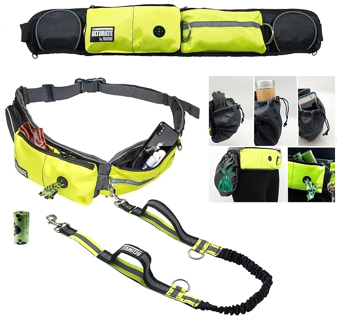 TAKSIN The Ultimate Hands Free Dog Leash for Walking Running Hiking Training, Reflective Bungee Leash, Treat Holder, Poop Bag Dispenser for Small Medium Large Dogs (Yellow Deluxe Pack)
