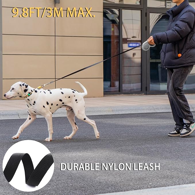 JSXD 360° Tangle-Free Retractable Dog Leash with One-Handed Brake, Pause, Lock, 10 ft Strong Nylon Tape Pet Walking Leash,Suitable for Cats, Small and Medium Dogs up to 66 lbs (Grey, 10 ft)