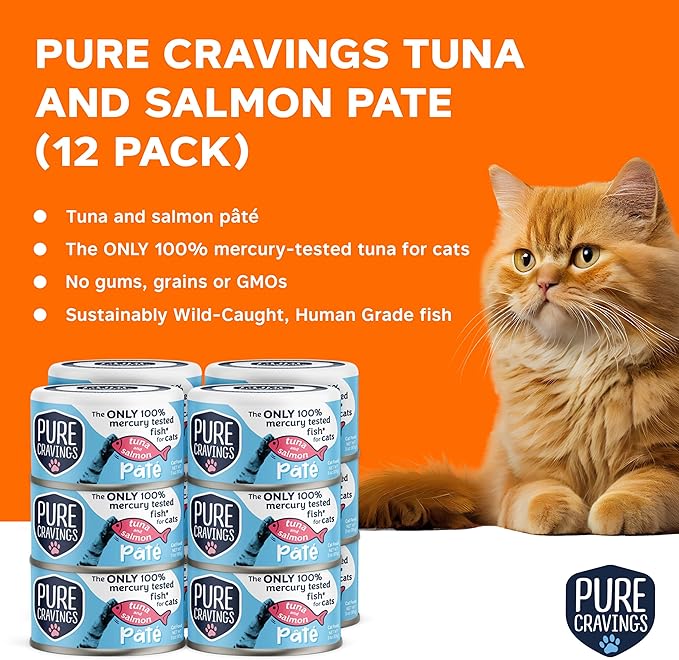 Pure Cravings Tuna and Salmon Pate, Canned Wet Cat Food, 100% Mercury-Tested, Moist Can Fish, Grain-Free Protein, Non-GMO, 12 Pack