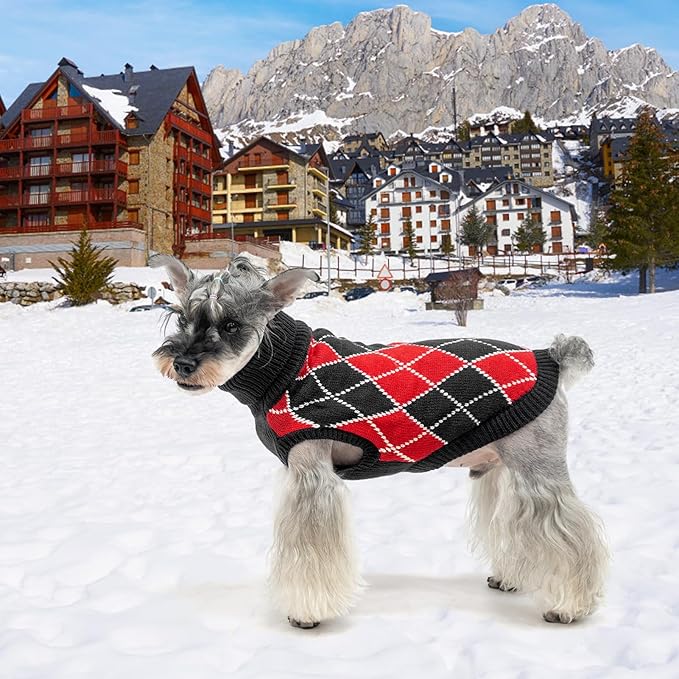 KOOLTAIL Dog Sweater, Knit Turtleneck Cold Weather Dog Sweaters for Small Medium Large Dogs, Soft Diamond Plaid Pullover Knitwear Pet Winter Warm Clothes, Pet Coat Puppy Sweater for Girls Boys S