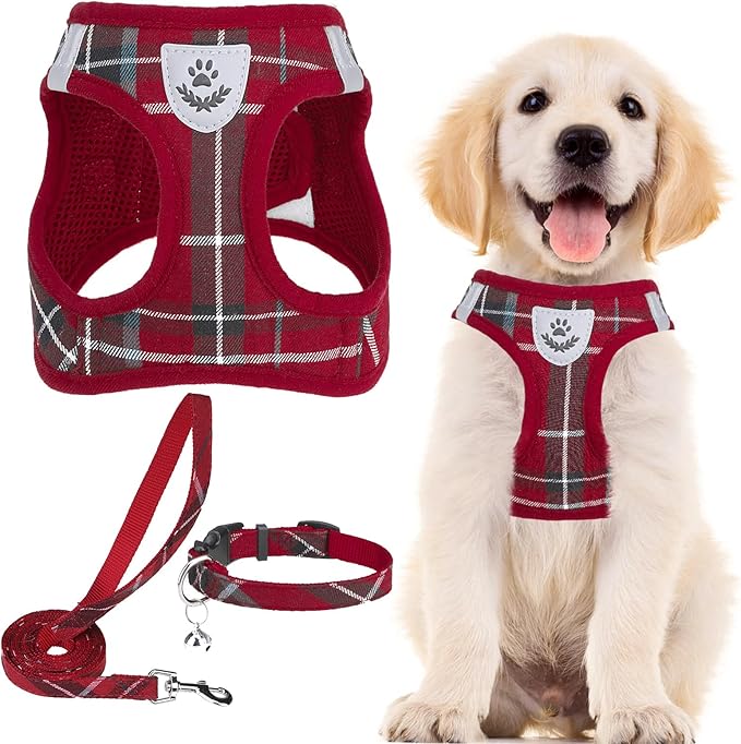 PUPTECK Adjustable Dog Harness Collar and Leash Set Step in No Pull Pet Harness for Small Medium Dogs Puppy and Cats Outdoor Walking Running, Soft Mesh Padded Reflective Vest Harnesses, Red XS
