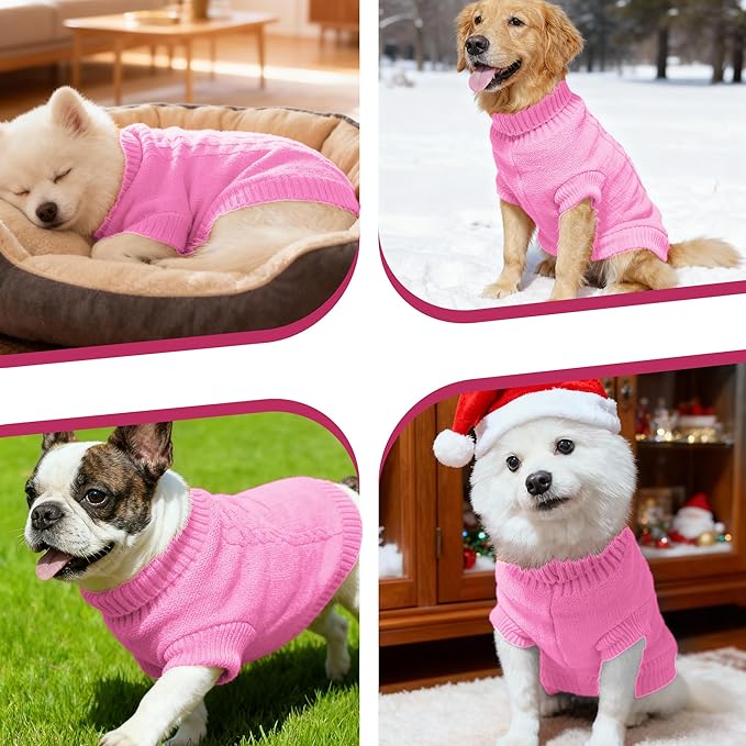 Knitted Dog Sweater for Small Dogs, Pullover Turtleneck Pet Sweaters, Winter Dog Clothes, Warm Soft Winter Holiday Cat Sweater, Pink, XS