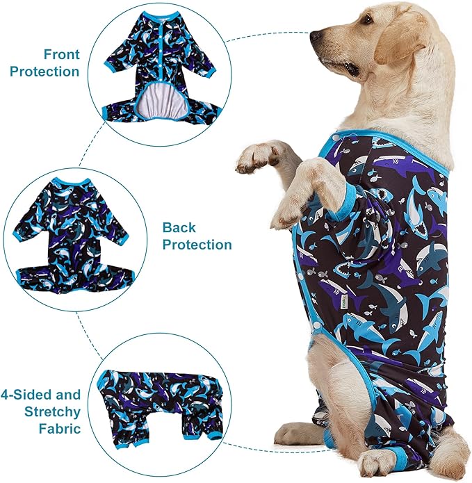 LovinPet Dog Onesies - Pet Anxiety Relief, Anti-Shedding Dog Pajamas, Lightweight Stretchy Fabric, Whale Hello There White Print, Large Dog Pjs, Pitbull Clothes All Season/Large