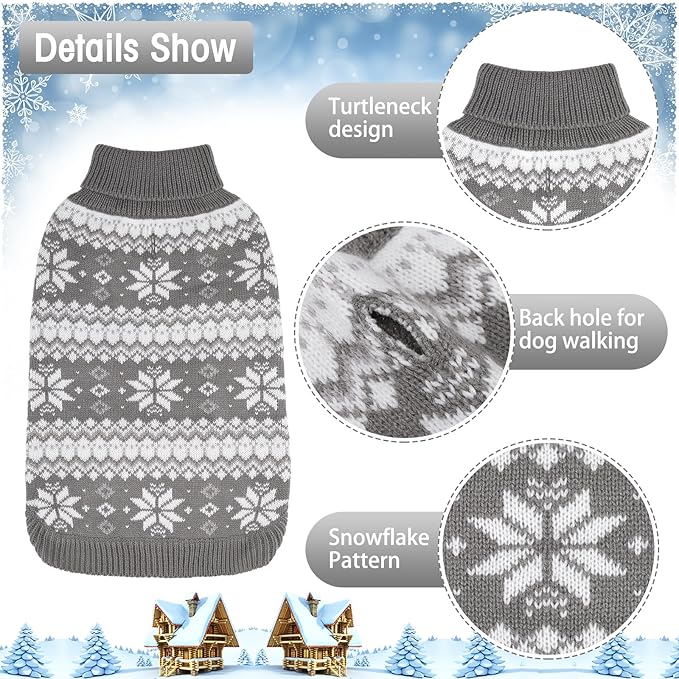 KOOLTAIL Cable Knit Dog Sweater Turtleneck, Cold Weather Pullover Classic Knitwear, Snowflake Pattern Thick Warm Winter Pet Clothes, Dog Christmas Sweater for Small Medium Large Dogs Cats, Grey L