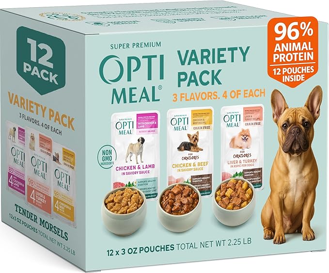 Optimeal Wet Dog Food Small Breed Variety Pack - Grain Free Recipe High Protein Tender Morsels in Aspic Made with Natural Ingredients for Adult Dogs, Premium Nutrition Pouches - 3oz Pouch (Pack of 12)
