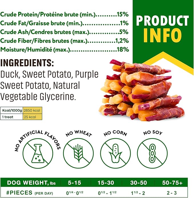 Sweet Potato Dog Treats & Duck Jerky Wraps 10.6 Oz - Dog Food & High Protein Soft Chews for Large, Medium & Small Breeds - Natural Strips & Rawhide Free Snacks (Double Sweet Potato Wrapped Duck)