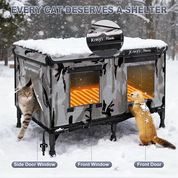 Heated Cat House for Outside in Winter, Weatherproof Insulated Outdoor Cat House with 2 Door & Elevated Base & Rain Coat, Feral Cat Shelter for Stray Cat (24"x18"x18")