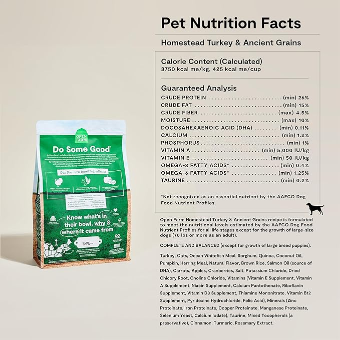 Open Farm, Ancient Grains Dry Dog Food, Protein-Rich & Nutrient Dense, 90% Animal Protein Mixed with Non-GMO Fruits, Veggies and Superfoods, Homestead Turkey Recipe, 22lb Bag