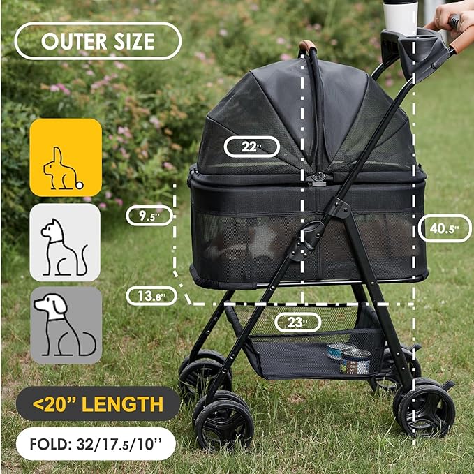 3 in 1 Pet Stroller with Removable Carrier, Folding Stroller for Small/Medium Dogs and Cats, Waterproof, All-Terrain, with Sun Shades, Car Seat
