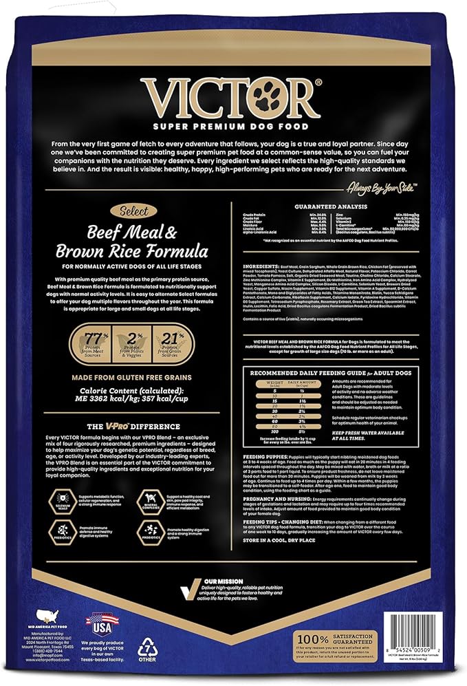 Victor Super Premium Dog Food – Select Beef Meal & Brown Rice Formula for Immune and Gut Health – Gluten-Free Beef Meal Dry Dog Food for All Normally Active Dogs of All Life Stages, 30 lbs