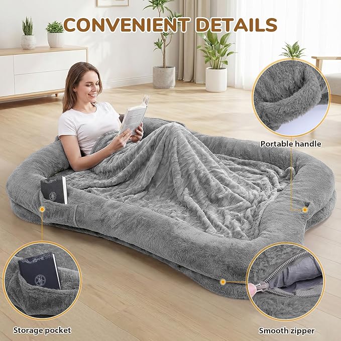 ZOMEYLPO Human Dog Bed, 71 x 47 x 12 in Washable Extra Large Dog Bed for People, Giant DogBed with Storage Pockets, Silver