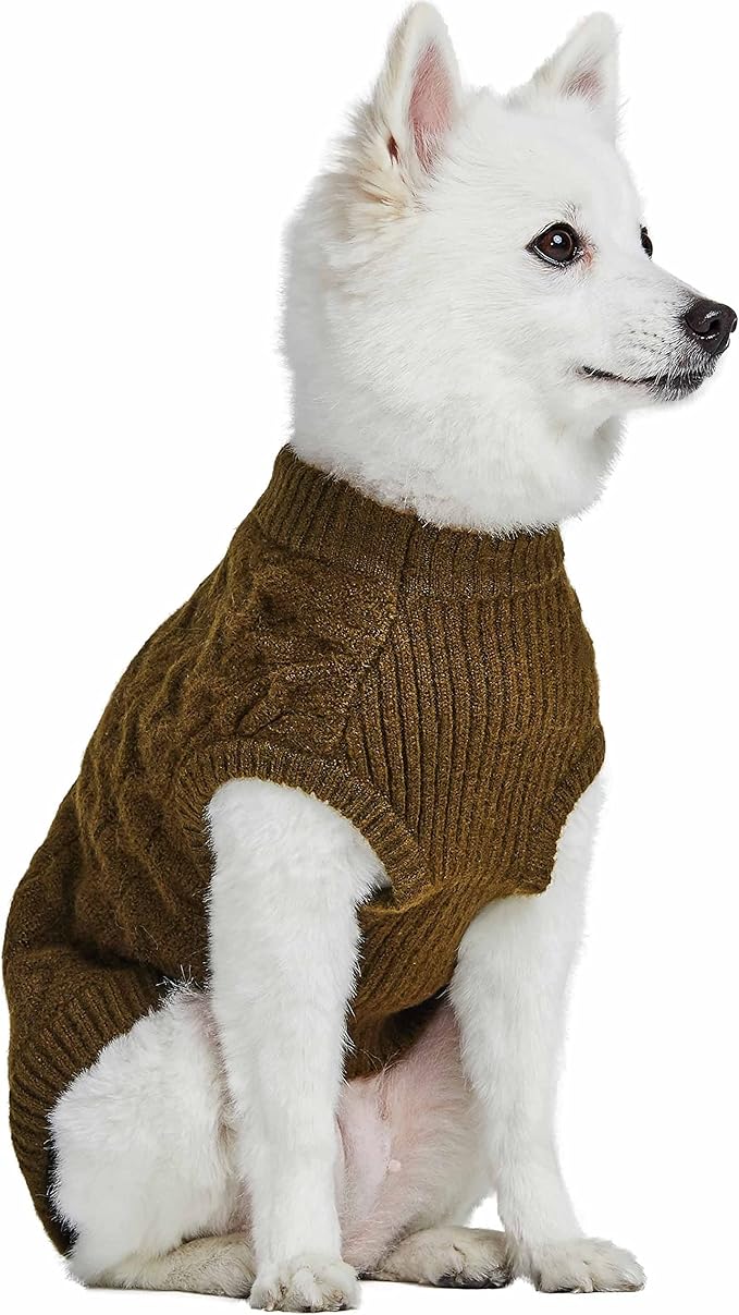 Blueberry Pet Classic Fuzzy Textured Knit Pullover Crew-Neck Dog Sweater in Dark Olive, Back Length 22", Pack of 1 Clothes for Dogs