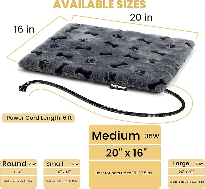 PetTemp Pet Heating Pad for Cats Dogs Indoor & Sheltered Outdoor Waterproof Heated Cat Bed Heated Dog Bed Chew Resistant Cord Constant Temperature Gray Paw Print 20 x 16 Inch