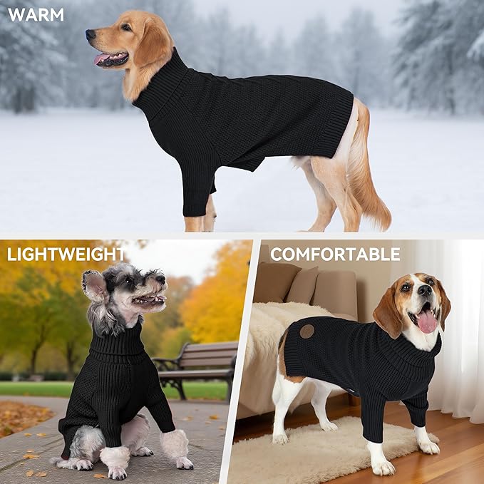 cyeollo Warm Stretchy Sweaters for Medium to Large Dogs Boy & Girl, Pullover Knitted Thermal Winter Big Dog Clothes with Sleeves Turtleneck Pet Beagle Border Collie Apparel, Black XXL