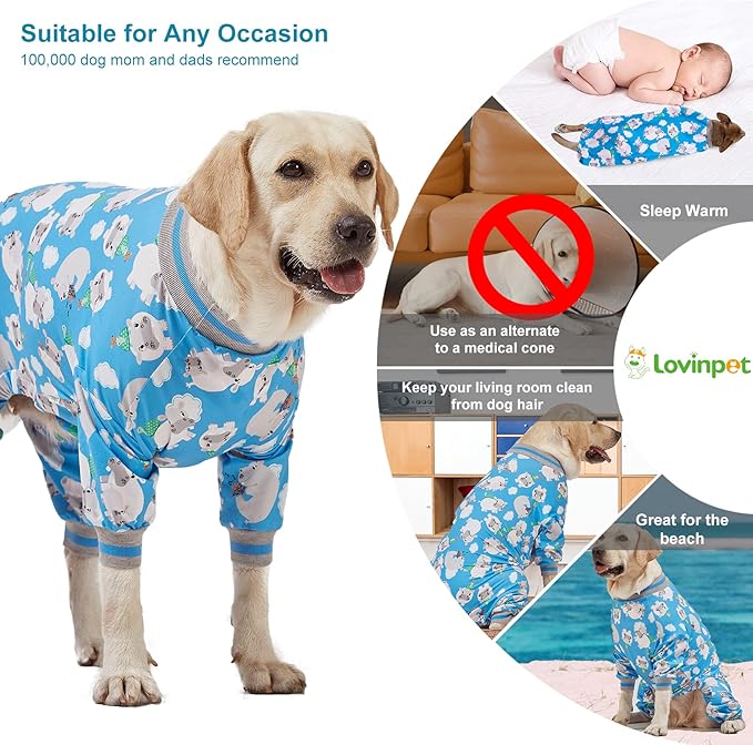 LovinPet Pitbull Pjs for Large Dogs/Cozy Dog Pajamas, Slim Fit, Lightweight Pullover/Full Coverage Dog Pjs/Happy Hippo Blue Print/Large Husky Pajamas /3XL
