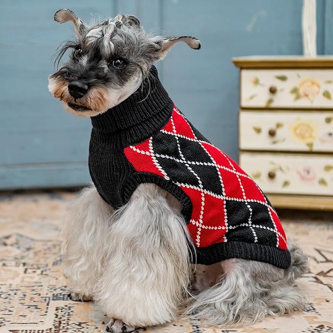 KOOLTAIL Dog Sweater, Knit Turtleneck Cold Weather Dog Sweaters for Small Medium Large Dogs, Soft Diamond Plaid Pullover Knitwear Pet Winter Warm Clothes, Pet Coat Puppy Sweater for Girls Boys S