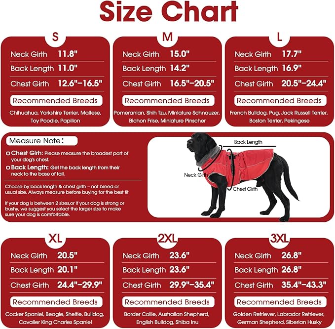 QBLEEV Warm Dog Jacket - Reflective, Adjustable Winter Coat with Turtleneck for Cold Weather, Waterproof Fleece Snowsuit for Small, Medium, Large Dogs