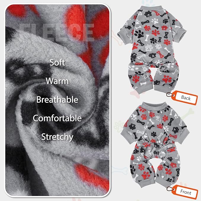 SCENEREAL Fleece Dog Pajamas for Small Medium Large Dogs, Warm Soft Puppy Jumpsuit, Adorable Bones Paw Print Pet Sweaters Clothes, Doggy Pjs Cat Coat for Boy Girl