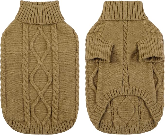 Queenmore Small Dog Pullover Sweater, Cold Weather Cable Knitwear, Classic Turtleneck Thick Warm Clothes for Chihuahua, Bulldog, Dachshund, Pug (Light Brown, Large)