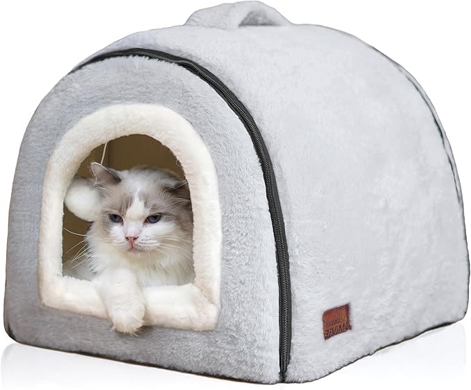 OMIVIER Cat Bed for Indoor Cats，Foldable cat cave，Anti-Slip & Water-Resistant Bottom，cat Houses for Indoor Cats or Small Dogs, Kitten Tent, Rabbit Bed，2 in 1 pet Bed (Grey)