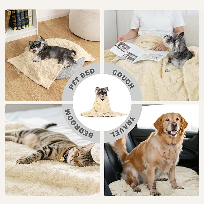 gogobunny Calming Plush Dog Cat Blanket 300GSM Coral Fleece, Ultra-Soft Machine Washable Pet Bedding for Small Medium Dogs Cats Puppies Kittens (Beige, 25x35)