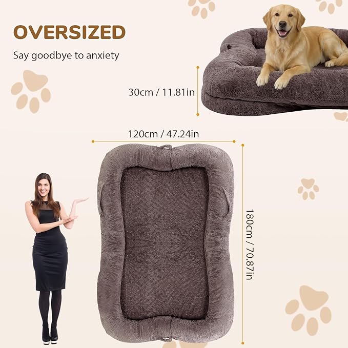 ZOMEYLPO Human Dog Bed, 71 x 47 x 12 in Washable Extra Large Dog Bed for People, Giant DogBed with Storage Pockets, Brown