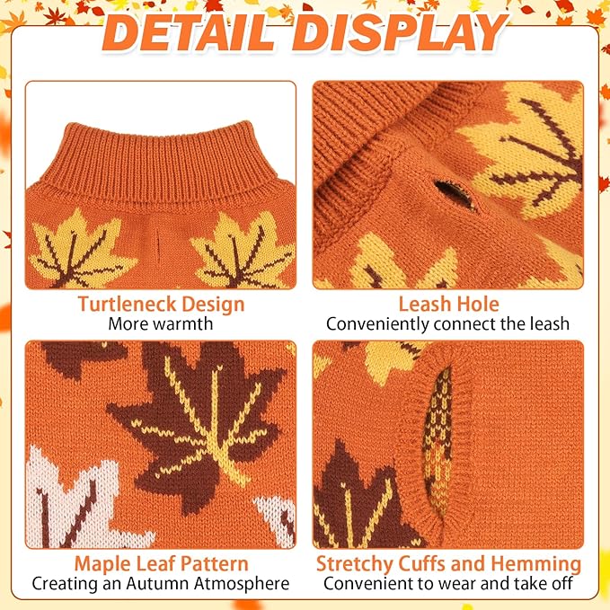 KOOLTAIL Fall Dog Sweater, Thanksgiving Dog Sweater with Autumn Maple Leaf Pattern, Cold Weather Pet Knitted Winter Coats Clothes Turtleneck Pullover for Small Medium Large Dogs Cat Boy Girl, Orange L
