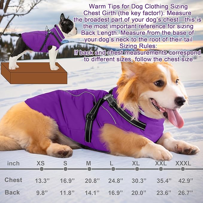 Fragralley Dog Coat with Harness Built in, Waterproof Windproof Reflective Warm Puffer Jacket, Fleece Lined Vest Winter Parka for Small, Medium, Large Dogs