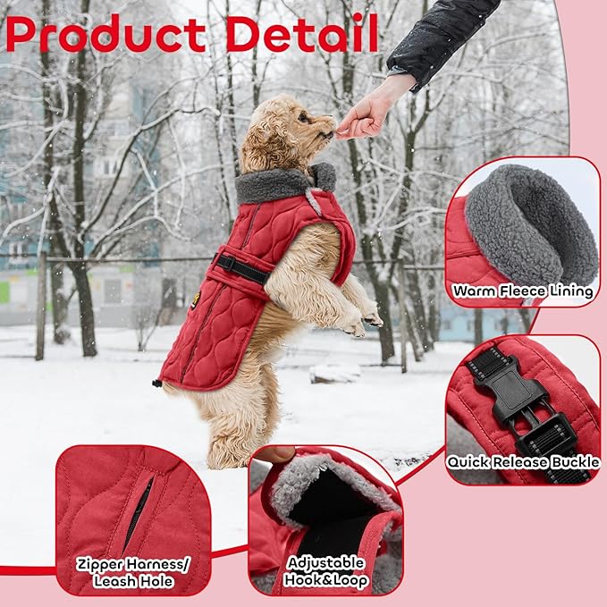 Dog Winter Jacket, Adjustable Water-Resistant Dog Warm Coat with Fleece Lining, Windproof Cold Weather Coats for Winter, Reflective Snow Jacket for Labrador Golden Retriever, NewRed XL