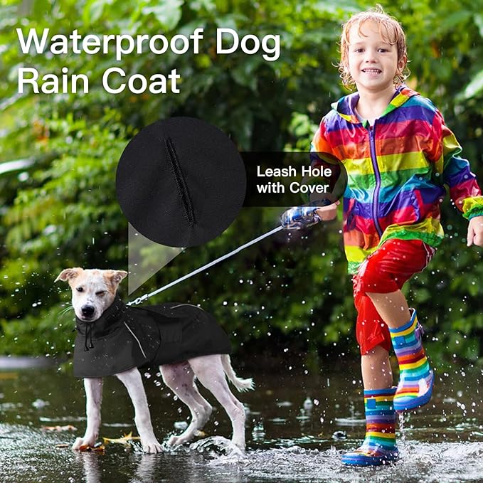 Dog Raincoat, Waterproof Dog Rain Jacket with Convertible Hood/Collar, Adjustable Belly-Protect Rain Coat for Meidum Dogs Poncho Reflective (Black, M)