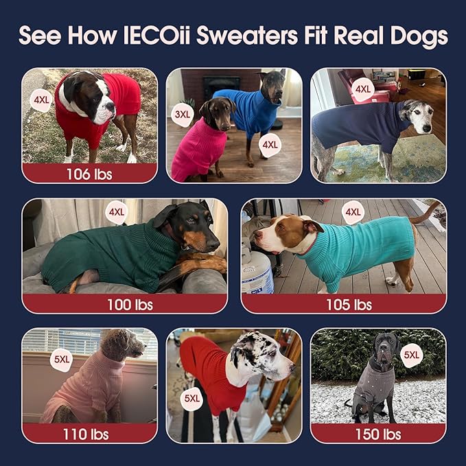 IECOii Great Dane Sweater,5XL Extra Large Sweater for Giant Breed Dogs in Winter,Turtleneck Cold Weather Knit Clothes,Machine Washable,Elastic Pullover for Saint Bernard,Mastiff (Peacock Blue,XXXXXL)