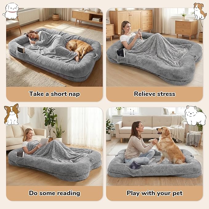 ZOMEYLPO Human Dog Bed, 71 x 47 x 12 in Washable Extra Large Dog Bed for People, Giant DogBed with Storage Pockets, Silver