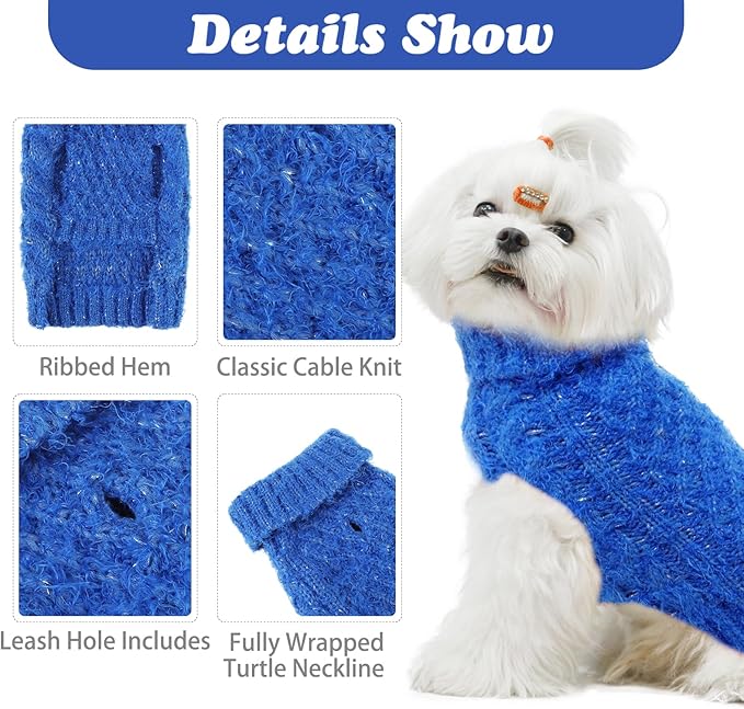 Turtleneck Small Dog Sweaters - Classic Cable Knitwear Winter Coat for Small Medium Dogs Male Female Puppy Dog Cold Weather Clothes Girls Boys, Blue, S