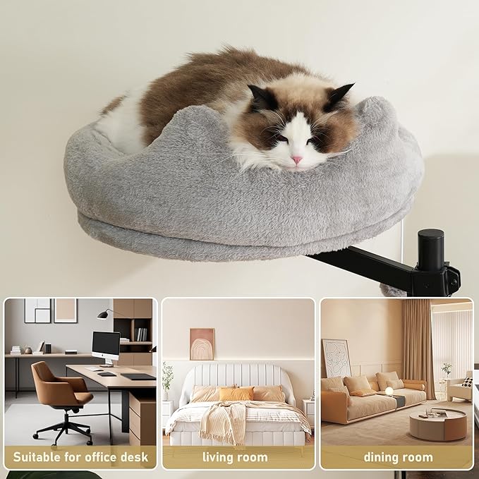 AurnaGle Cat Desk Bed, 360° Rotating & Adjustable & Lock Cats Bed for Desk, Grey Soft with Long Plush Fabric Mat, Modern Indoor Cat Nest Furniture for Office Desks and Game Tables, Island Table