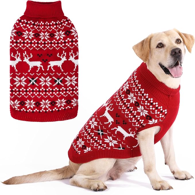 KOOLTAIL Christmas Dog Sweater, Cold Weather Pullover Classic Knitwear, Reindeer Snowflake Pattern Thick Warm Winter Pet Clothes, Cable Knit Dog Sweaters for Small Medium Large Bulldog Boy Girl, Red L