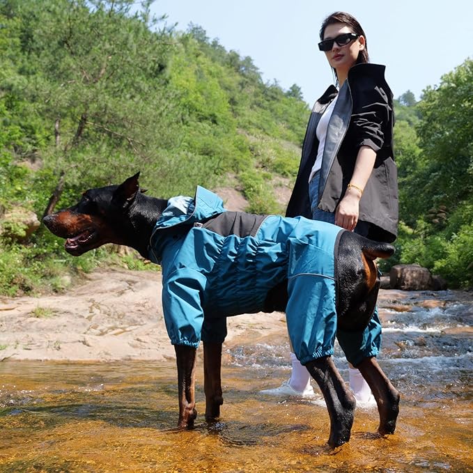 LOVELONGLONG Waterproof Dog Raincoat with Removable Hood – Outdoor Full Body Dog Jacket, Windproof Snowproof Shell Suit – All Season Pet Rain Gear Ocean Teal XL