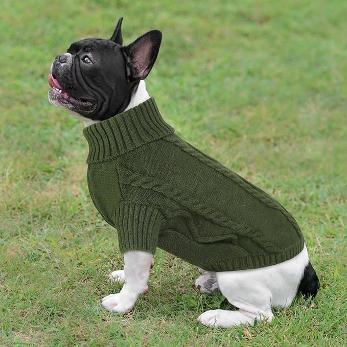 Queenmore Small Dog Pullover Sweater, Cold Weather Cable Knitwear, Classic Turtleneck Thick Warm Clothes for Chihuahua, Bulldog, Dachshund, Pug (Army Green, Small)