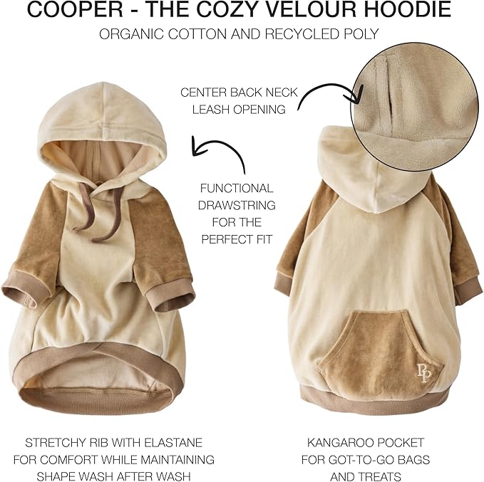 Cooper II Organic Cotton Velour Dog Hoodie Pet Coat for Small, Medium and Large Dogs, Coffee Color Block, Large (40-60 lbs)