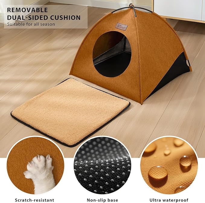 VERABE Cat Tent, Waterproof Indoor Outdoor Cat House Bed with Removable Cushion - All-Season Assembly-Free Cozy Cave for Cats &Small Dogs (Small, Yellow-Brown)