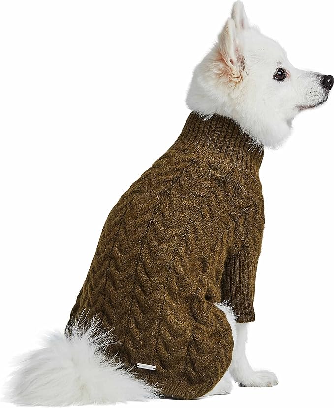 Blueberry Pet Classic Fuzzy Textured Knit Pullover Turtle-Neck Dog Sweater in Dark Olive, Back Length 18", Pack of 1 Clothes for Dogs