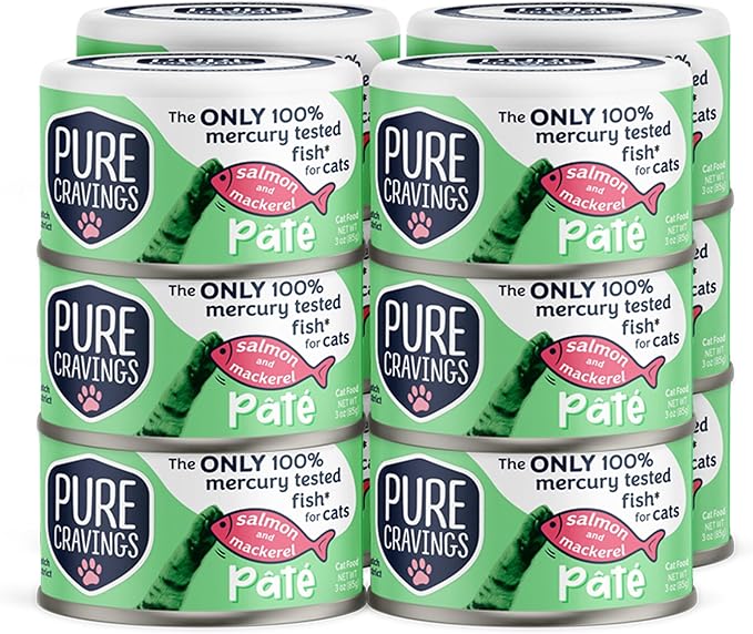 Pure Cravings Salmon and Mackerel Pate, Canned Wet Cat Food, 100% Mercury-Tested, Moist Can Fish, Grain-Free Protein, Non-GMO, 12 Pack