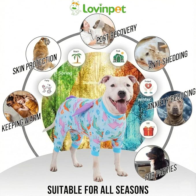 LovinPet Large Dog Pajamas, Four-Leg Stretch Onesie Bodysuit, Lightweight UV-Shielding Pajamas, Anti-Lick Calming Recovery Suit for Surgery, 3D Dino Wing Design with Soft Spikes， Blue Purple， XL