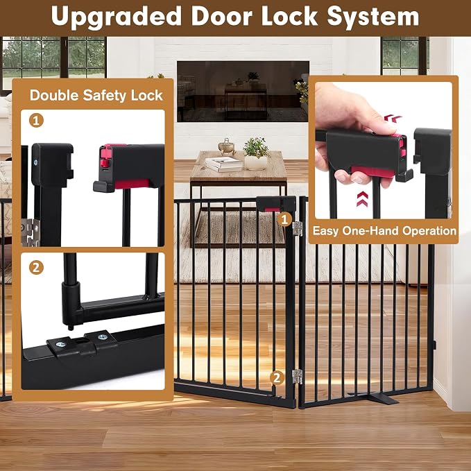 Metal Freestanding Dog Gates with Door 104"x30" Pet Fence Extra Wide | Heavy-duty Foldable Dog Fence - Auto Close Dog Barrier Indoor Outdoor for Doorways, Deck, Yard, Stairs (4 Panels,Black)