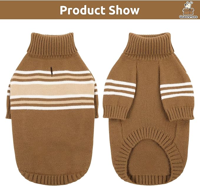 Queenmore Dog Striped Knitted Sweater, Turtleneck Pullover Pet Coat, Dog Winter Clothes with Leash Hole for Small Medium &Large Dogs(Brown,XL)