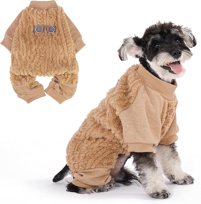 KOOLTAIL Small Dog Pajamas - Fleece Dog Sweater with Leash D-Ring, Warm Winter Cold Weather Coats for Puppy Cats Extra Small Dogs, Super Soft Stretchable Pet Jumpsuit Clothes for Boys Girls, Beige XS