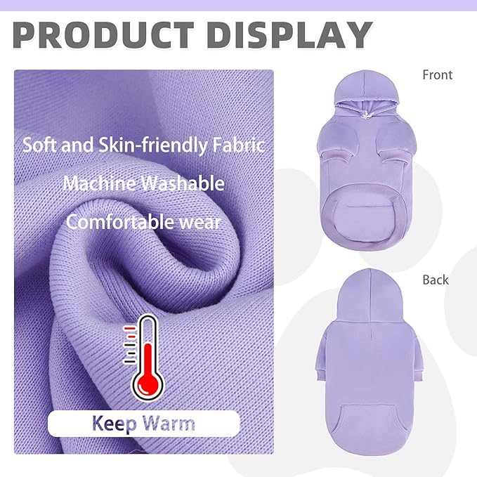 KOOLTAIL Basic Dog Hoodie - Soft & Warm Dog Hoodie Sweater with Leash Hole and Pocket, Pet Winter Coat, Cold Weather Clothes Sweatshirt for Small Medium Large Dogs Puppy Cat Boys Girls Lavender S