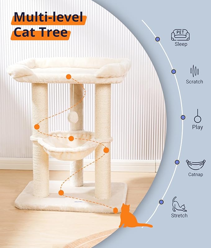 Happi N Pets 28" Large Cat Tree Tower for Indoor Cats, Cat Scratch Post with Large Bed for Maine Coon Big Cats, Sisal Cat Scratcher with Soft Perch & Hammock, Stable Cat Stand, Removable Cover-Beige