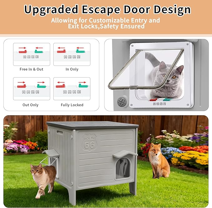 Heated Cat House for Winter, Feral Cat Houses for Outdoor with Escape Door, Outside Waterproof Cat Shelter for Feral Cats, Assemble Easily