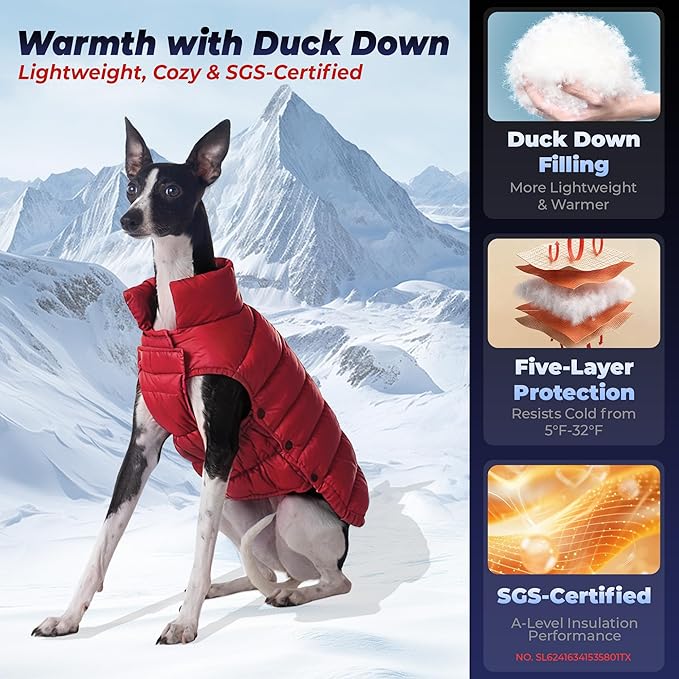 SPACE LION Dog Puffer Jacket, Down Winter Coat, Durable Outdoor Coat for Cold and Windy Conditions, Lightweight & Adjustable Fit Coats for Large Dogs,(Red, Size22/XL+)