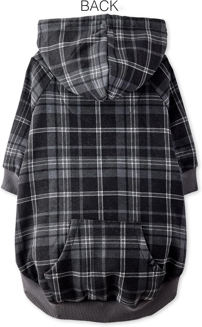 Rocky II - The Extra Comfy Hoodie, Organic Cotton and Recycled Poly Dog Hoodie Pet Coat Sweater for Small, Medium, Large Dogs, Black Sand Plaid, XX-Small